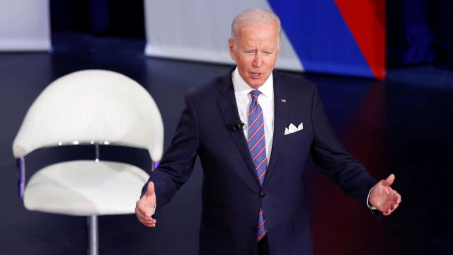 U.S. President Joe Biden participates in a town hall with CNN's Anderson Cooper in Baltimore 