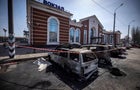 Calcinated cars are seen outside a train station in Kramatorsk in eastern Ukraine after it was hit by a rocket attack April 8, 2022. 
