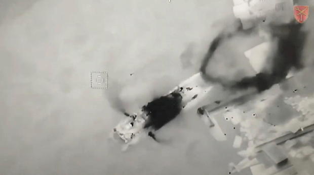 An aerial presumption    shows Ukrainian UAV Bayraktar hitting Russian landing trade  vas  with missiles, astatine  Zmiinyi Island 