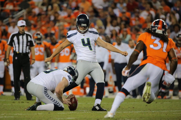 icker Steven Hauschka #4 of the Seattle Seahawks kicks a 41 yard field goal against the Denver Broncos during preseason action at Sports Authority Field at Mile High on August 7, 2014 in Denver, Colorado.  (Photo by Doug Pensinger/Getty Images)