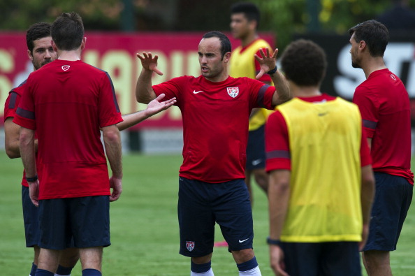 US national football team player Landon Donovan (C) gestures during a training session at the Sao Paulo FC training centre in Sao Paulo, Brazil on January 14, 2014. The US national football squad kicked off a 12-day training session in Sao Paulo on Tuesday as part of their "dry run" for the upcoming World Cup. (credit: NELSON ALMEIDA/AFP/Getty Images)