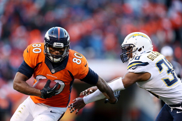 Julius Thomas #80 of the Denver Broncos tries to avoid the tackle of  Marcus Gilchrist #38 of the San Diego Chargers during the AFC Divisional Playoff Game at Sports Authority Field at Mile High on January 12, 2014 in Denver, Colorado.  (Photo by Christian Petersen/Getty Images)