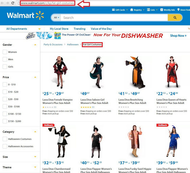 A listing for 'Fat Girl Costumes on the Walmart website. (Credit: Walmart/CBS DC)